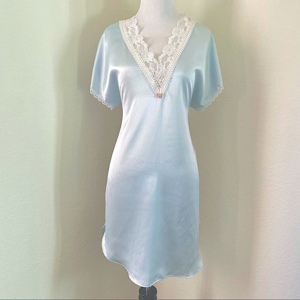 Vintage Nightgown Satin Sheer Lace  Light Blue Satin Slip Dress Silky Lingerie - Picture 2 of 16